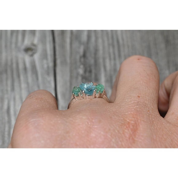 Aquamarine and Emerald engagement ring set size 3 4 5 6 7 8 9 10 11 12 13 - Picture 6 of 6